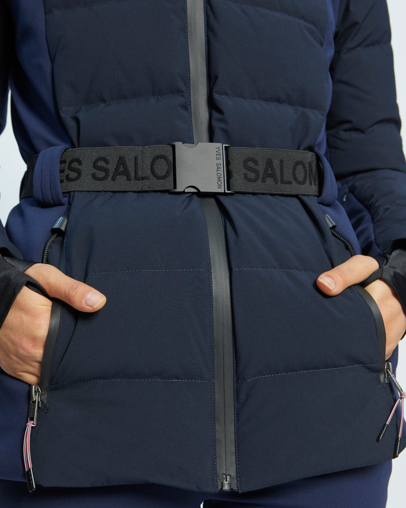 mixed fabric belted skiwear jacket with fox fur trim