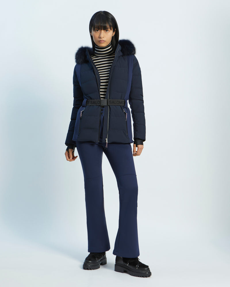 mixed fabric belted skiwear jacket with fox fur trim