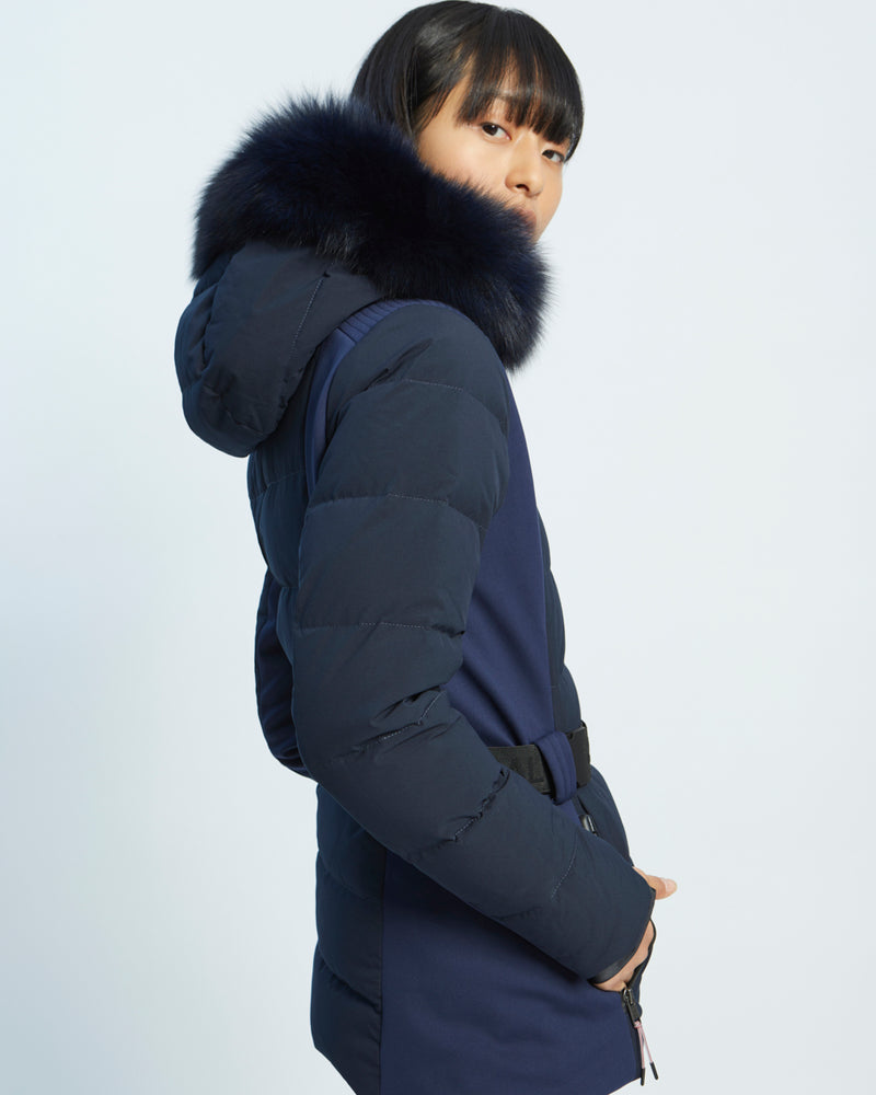 mixed fabric belted skiwear jacket with fox fur trim