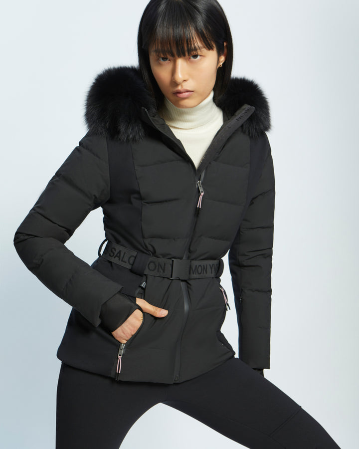 mixed fabric belted skiwear jacket with fox fur trim