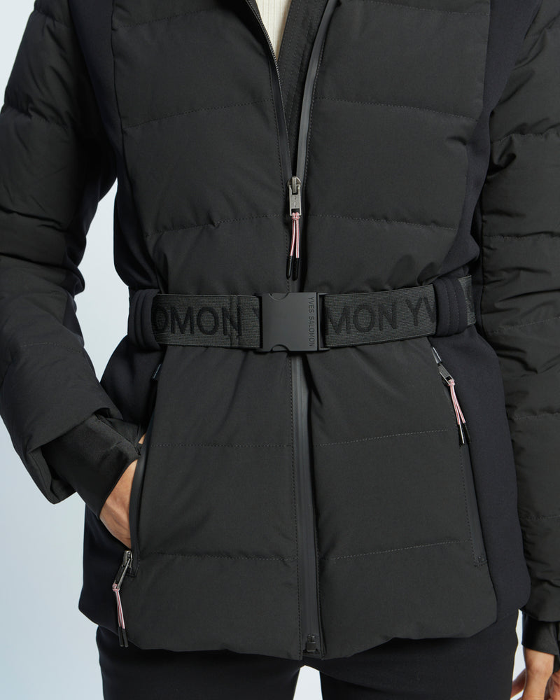 mixed fabric belted skiwear jacket with fox fur trim