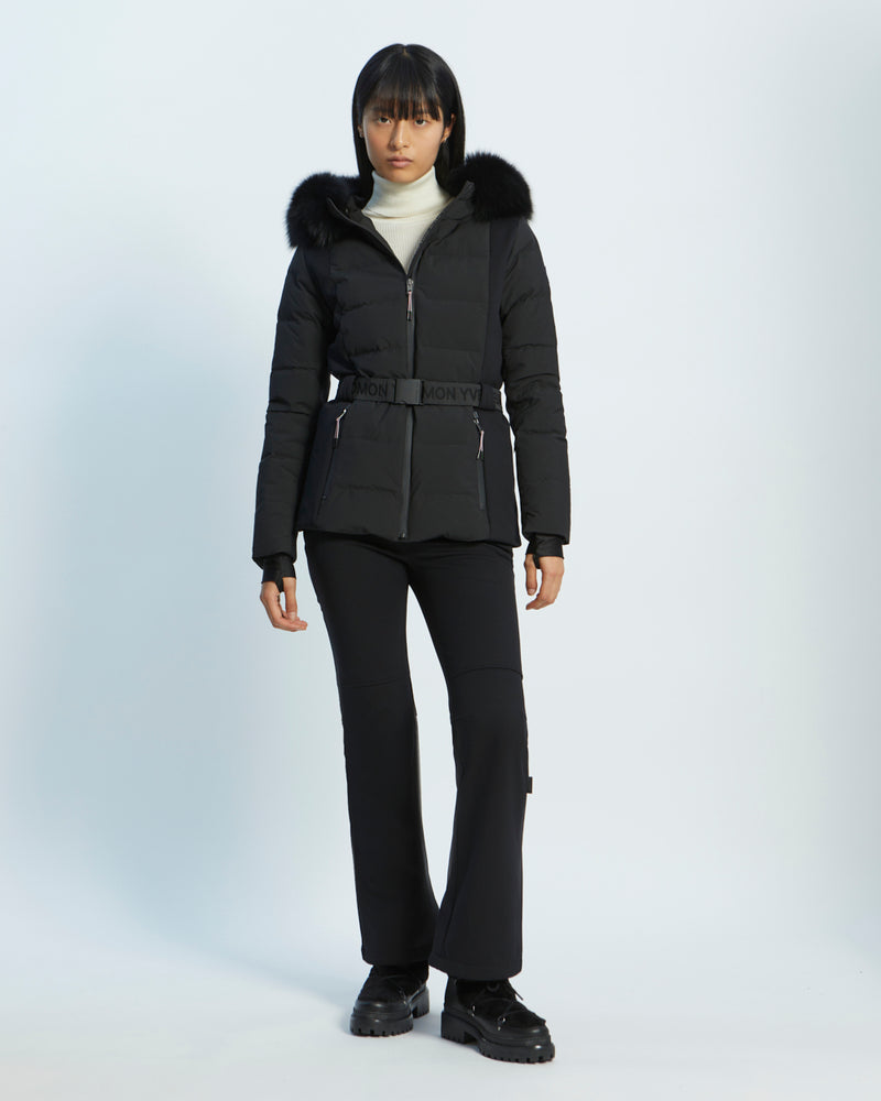 mixed fabric belted skiwear jacket with fox fur trim