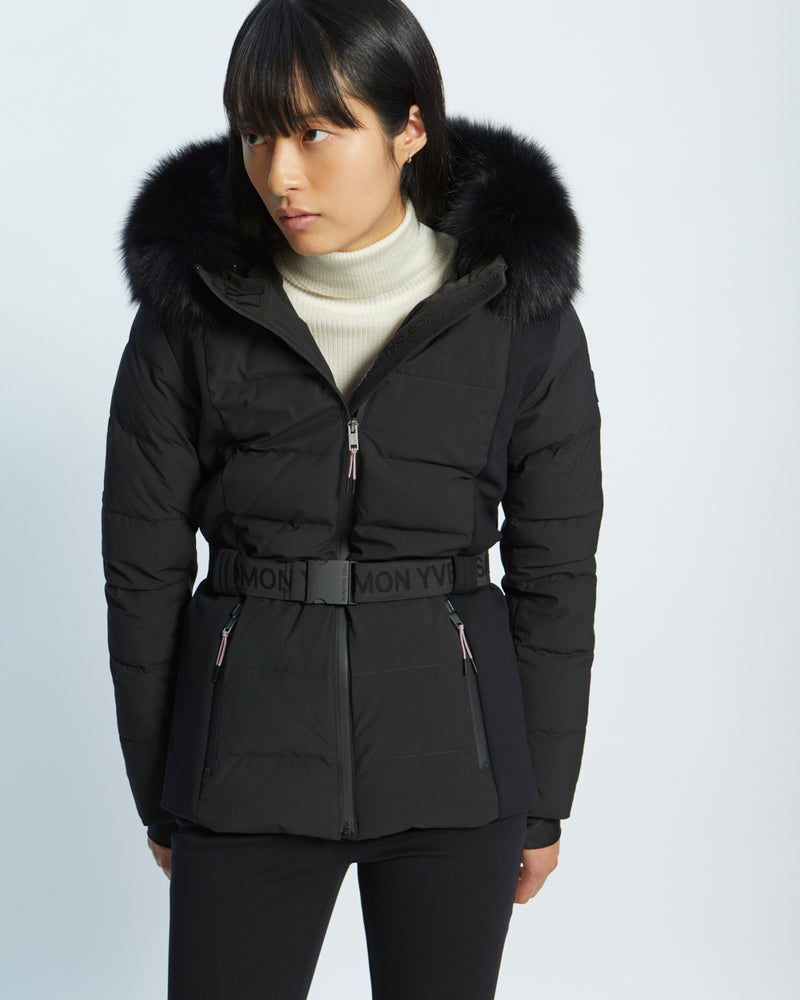 mixed fabric belted skiwear jacket with fox fur trim