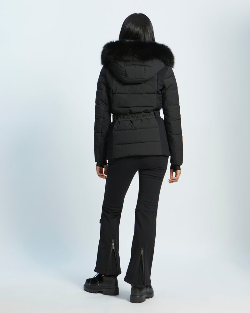 mixed fabric belted skiwear jacket with fox fur trim