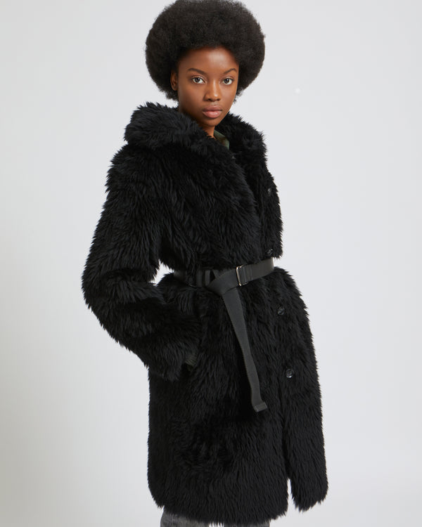 Manteau long en laine tissée long poil naturelle