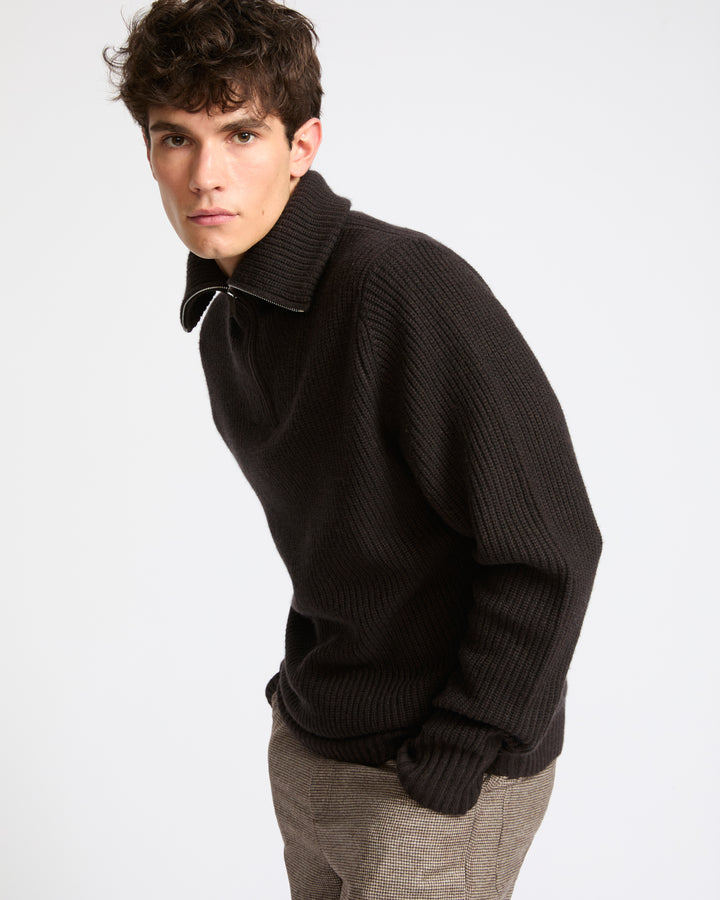 Pull zippé à col camionneur en lainage cachemire- Yves Salomon - Nouvelle collection Automne Hiver