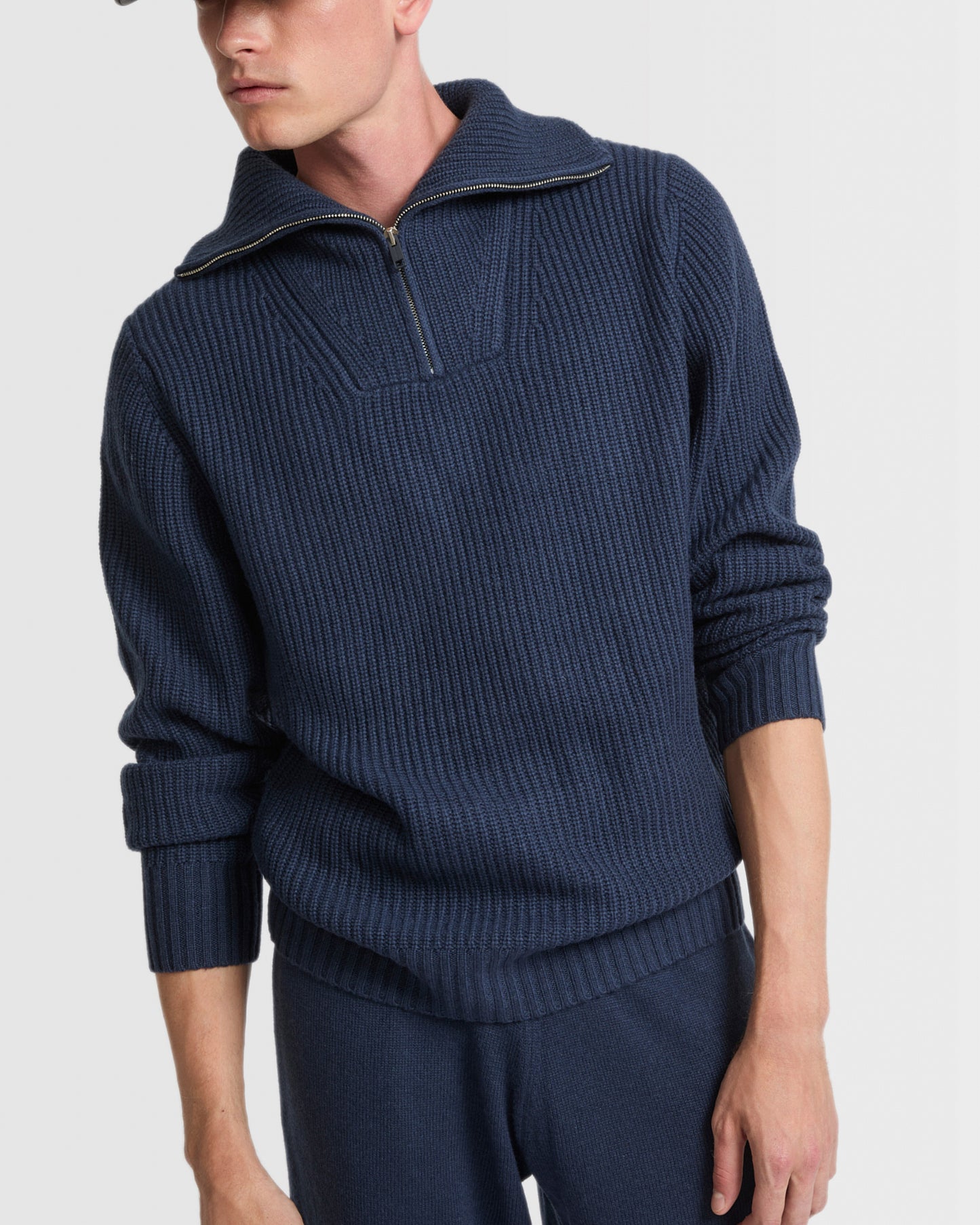 Zip-front cashmere wool sweater trucker collar