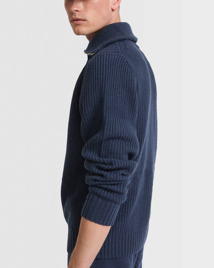 Zip-front cashmere wool sweater trucker collar
