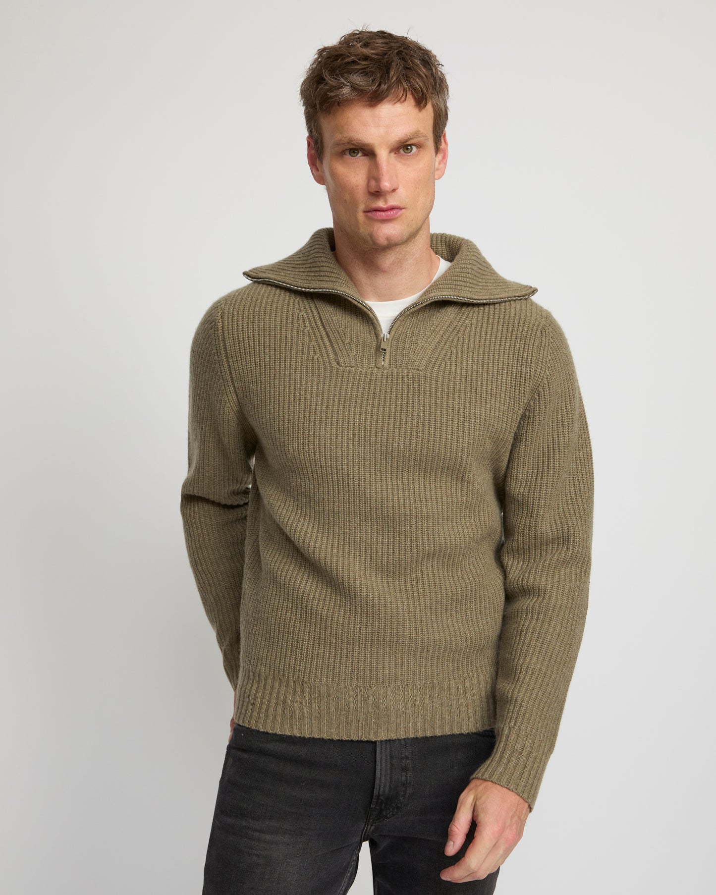 Zip-front cashmere wool sweater trucker collar