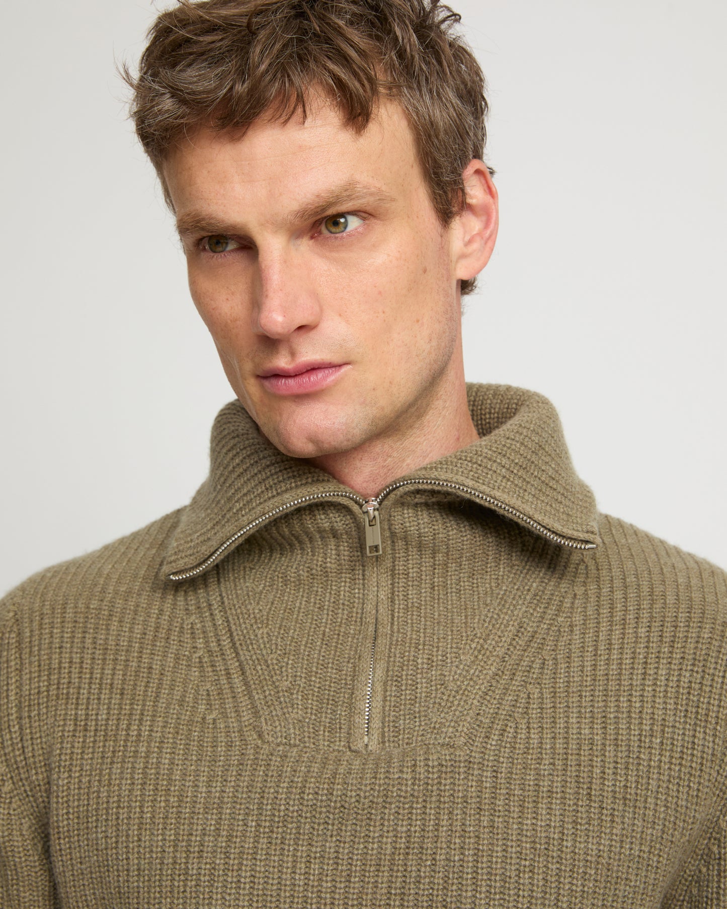 Zip-front cashmere wool sweater trucker collar
