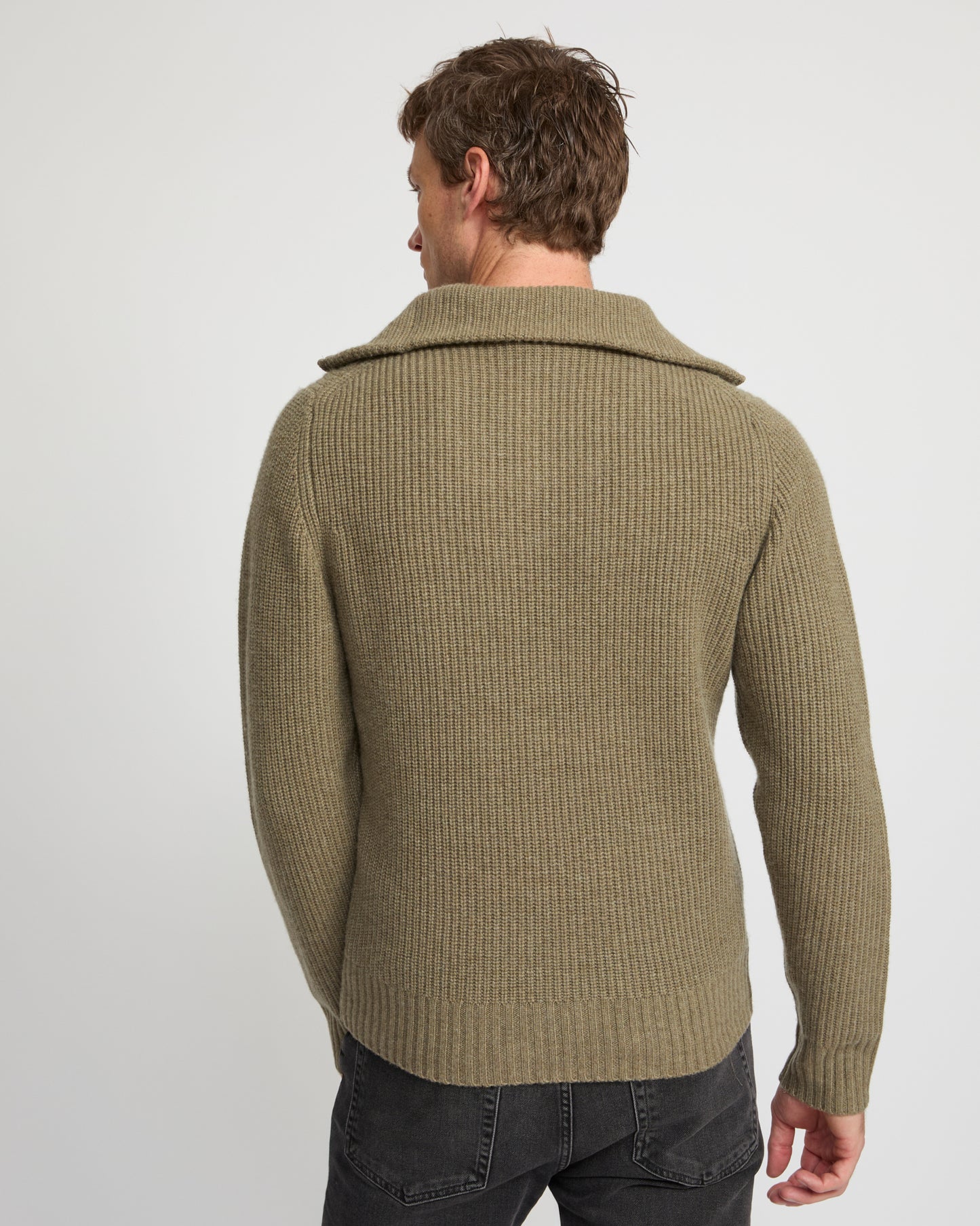 Zip-front cashmere wool sweater trucker collar