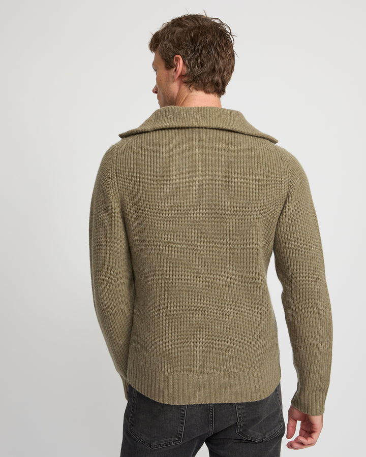 Zip-front cashmere wool sweater trucker collar