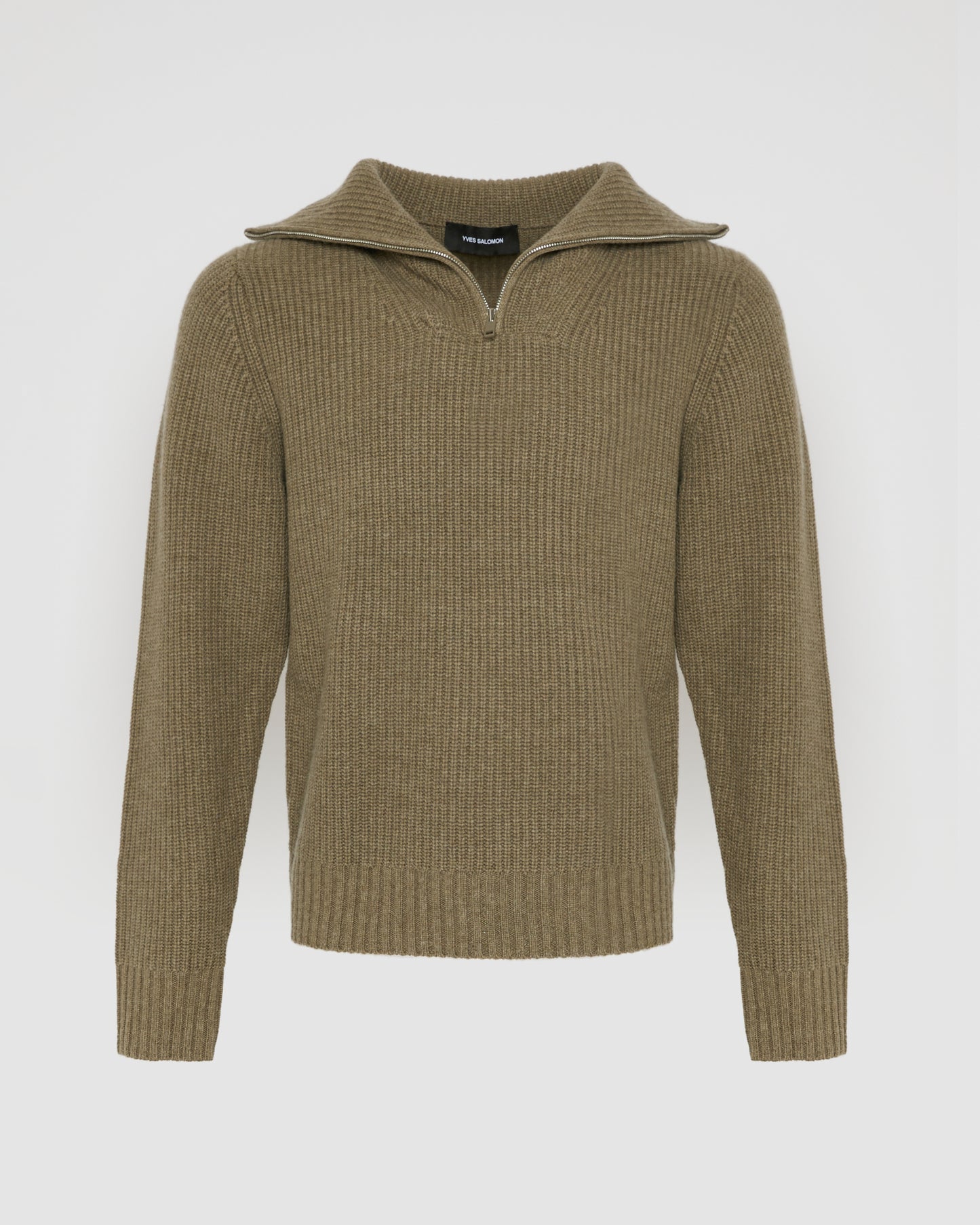 Zip-front cashmere wool sweater trucker collar