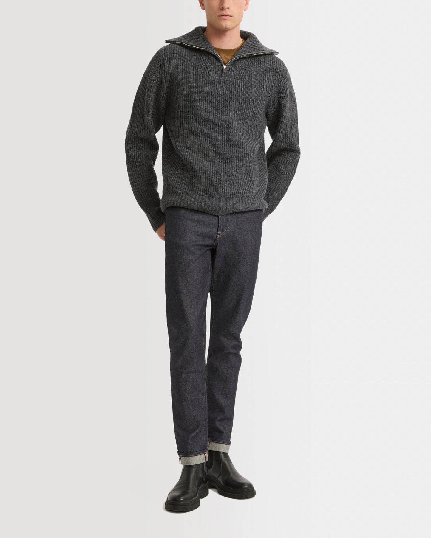 Zip-front cashmere wool sweater trucker collar