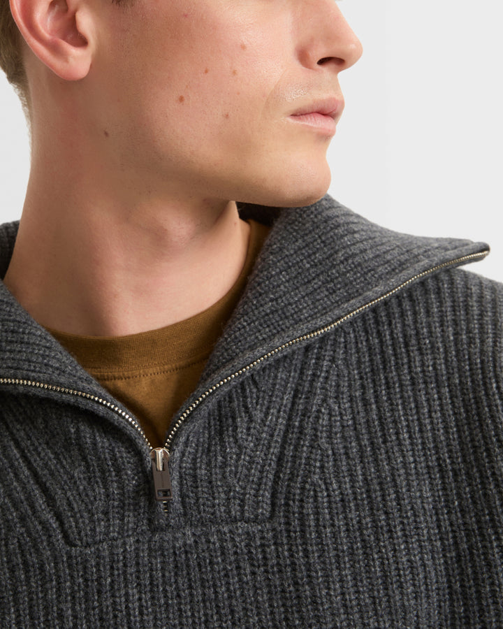 Zip-front cashmere wool sweater trucker collar