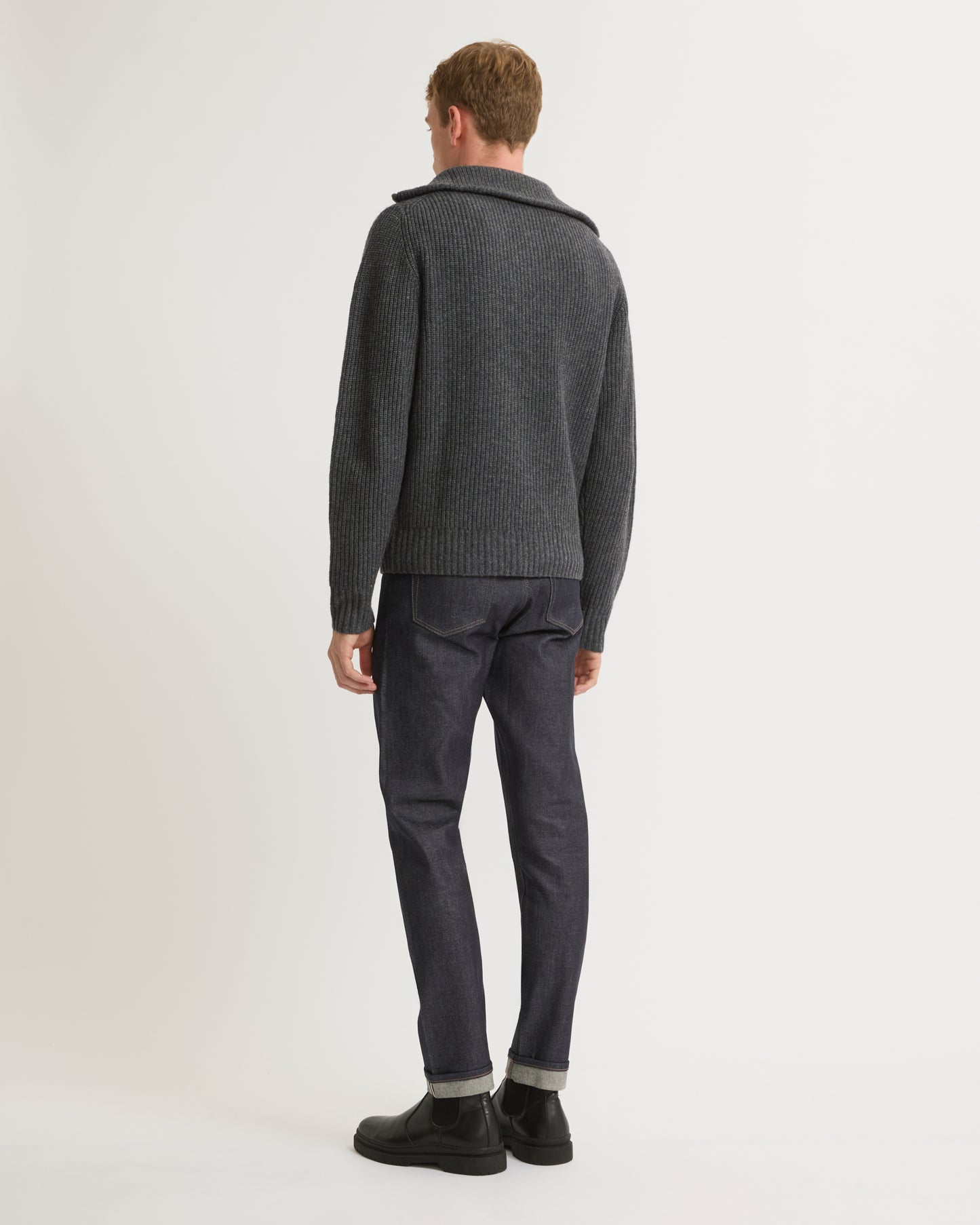 Zip-front cashmere wool sweater trucker collar