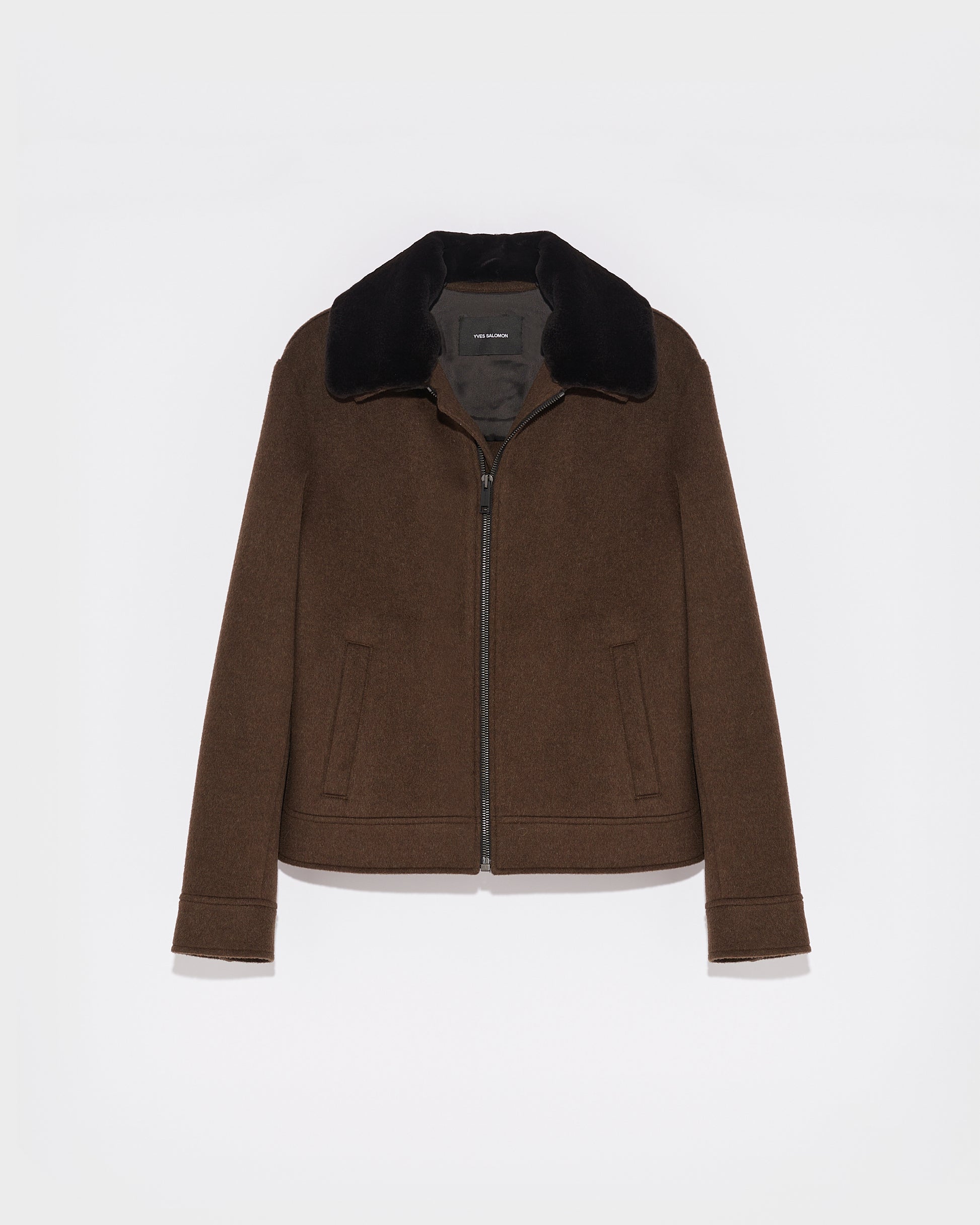 Soldes d'hiver  - Yves Salomon -Veste en tissu mélange laine-cachemire avec col en fourrure de vison rasé