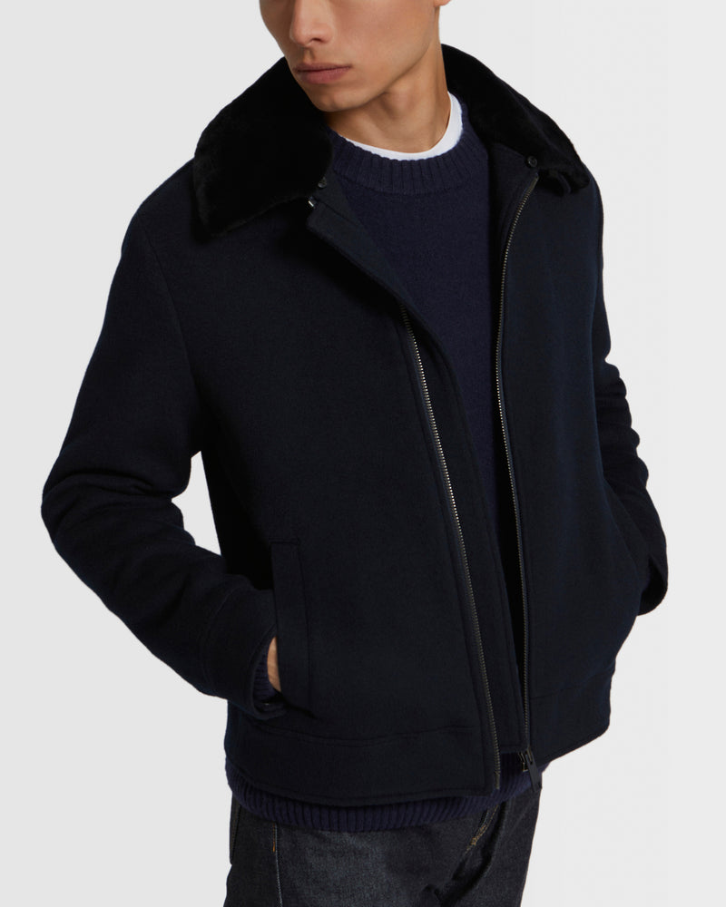 Veste en tissu mélange laine-cachemire avec col en fourrure de vison rasé
