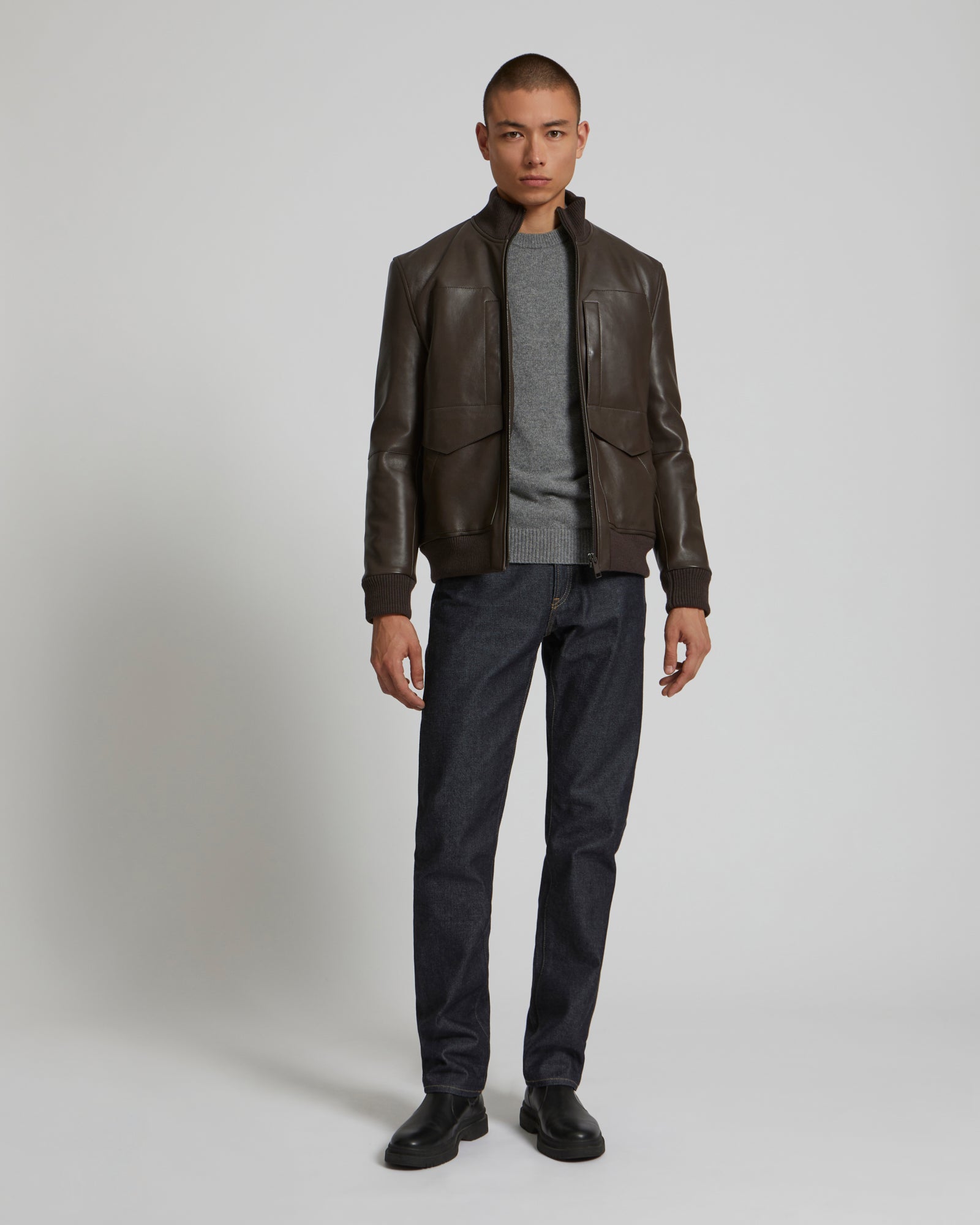 Blouson en cuir à col en maille-Yves Salomon - Soldes d'hiver - Winter Sale