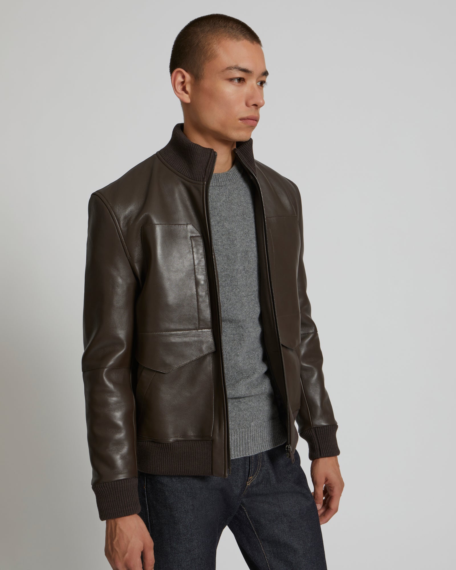 Blouson en cuir à col en maille-Yves Salomon - Soldes d'hiver - Winter Sale