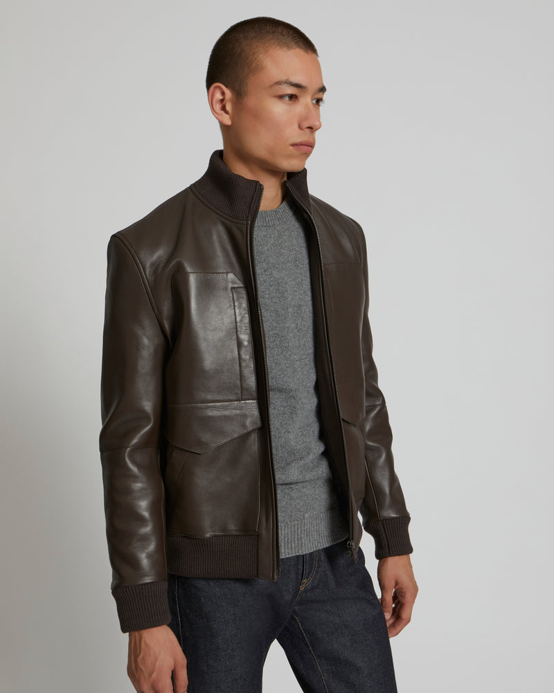Blouson en cuir à col en maille-Yves Salomon - Soldes d'hiver - Winter Sale