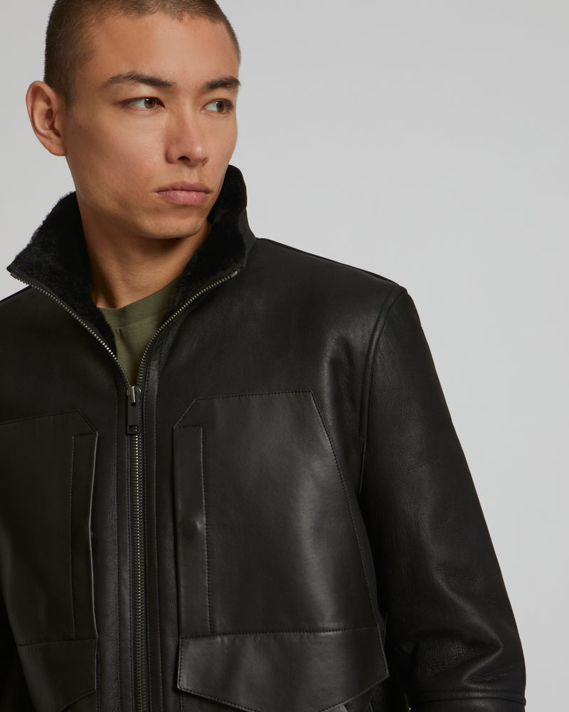 blouson en cuir zippé et vison