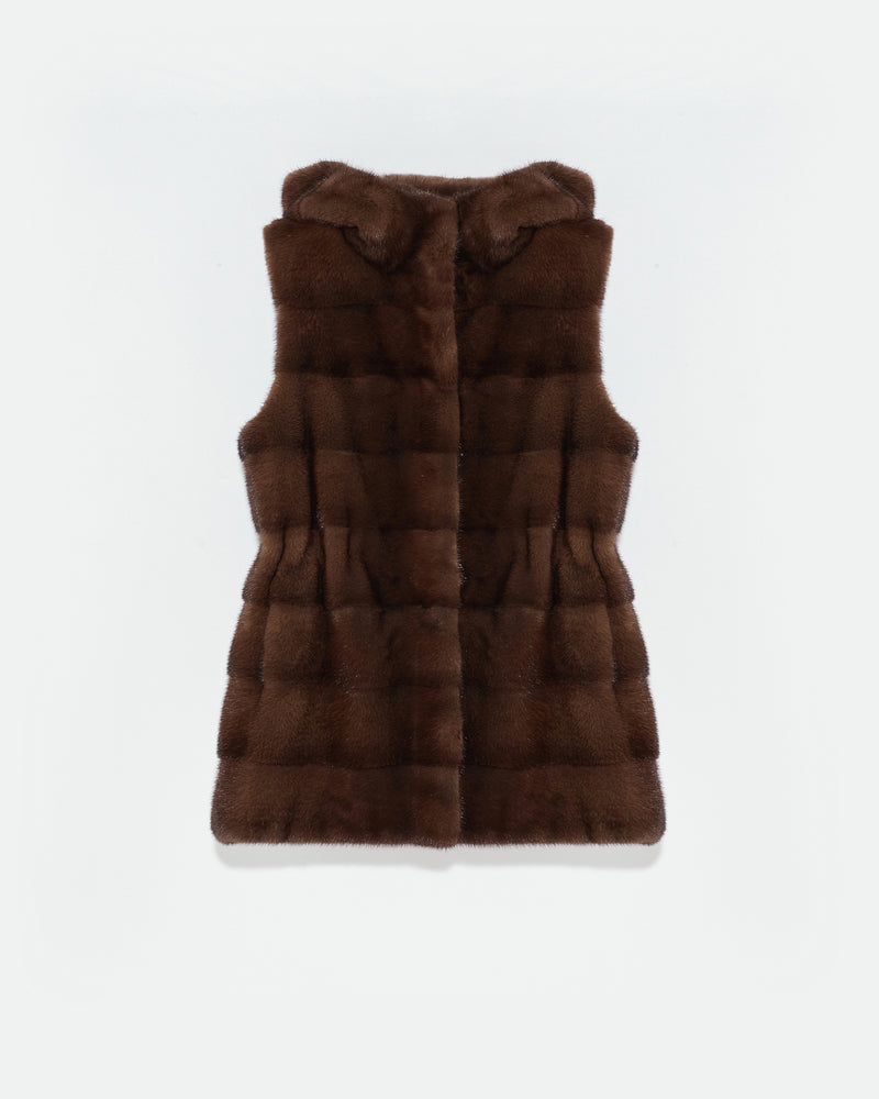 Hooded gilet in long-haired mink fur