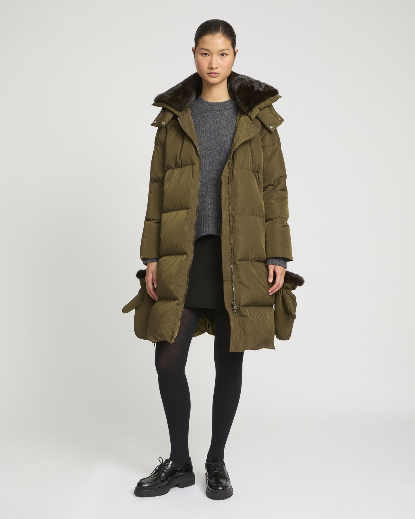 Long belted down jacket in technical fabric