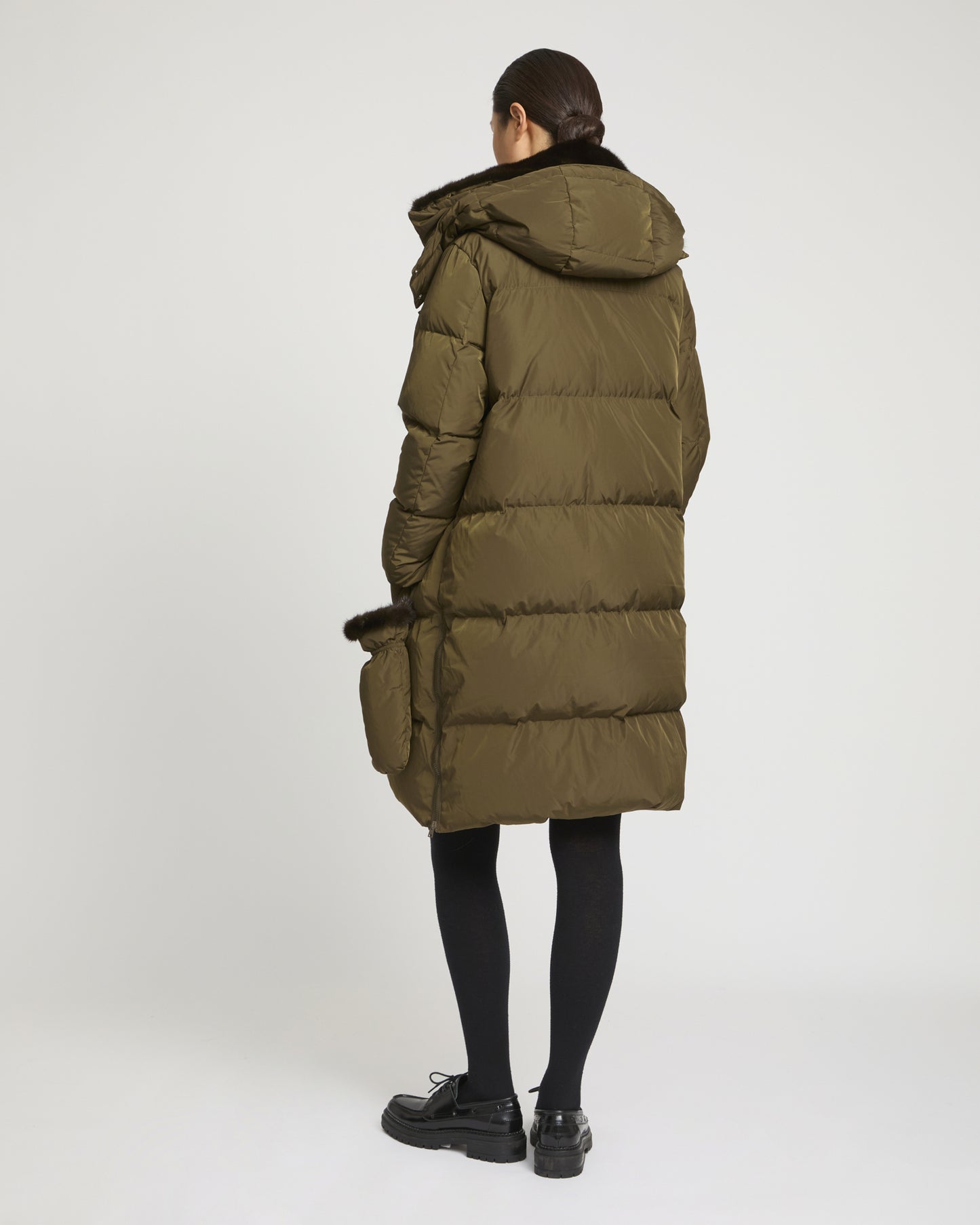 Long belted down jacket in technical fabric