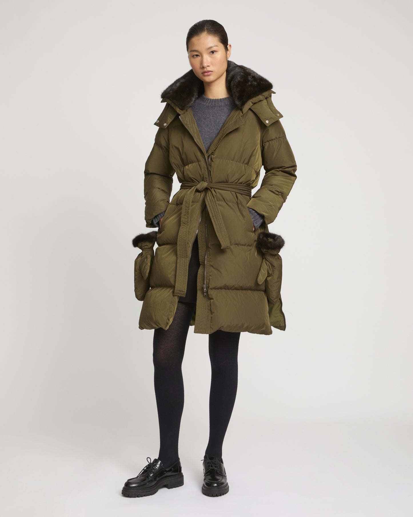 Long belted down jacket in technical fabric