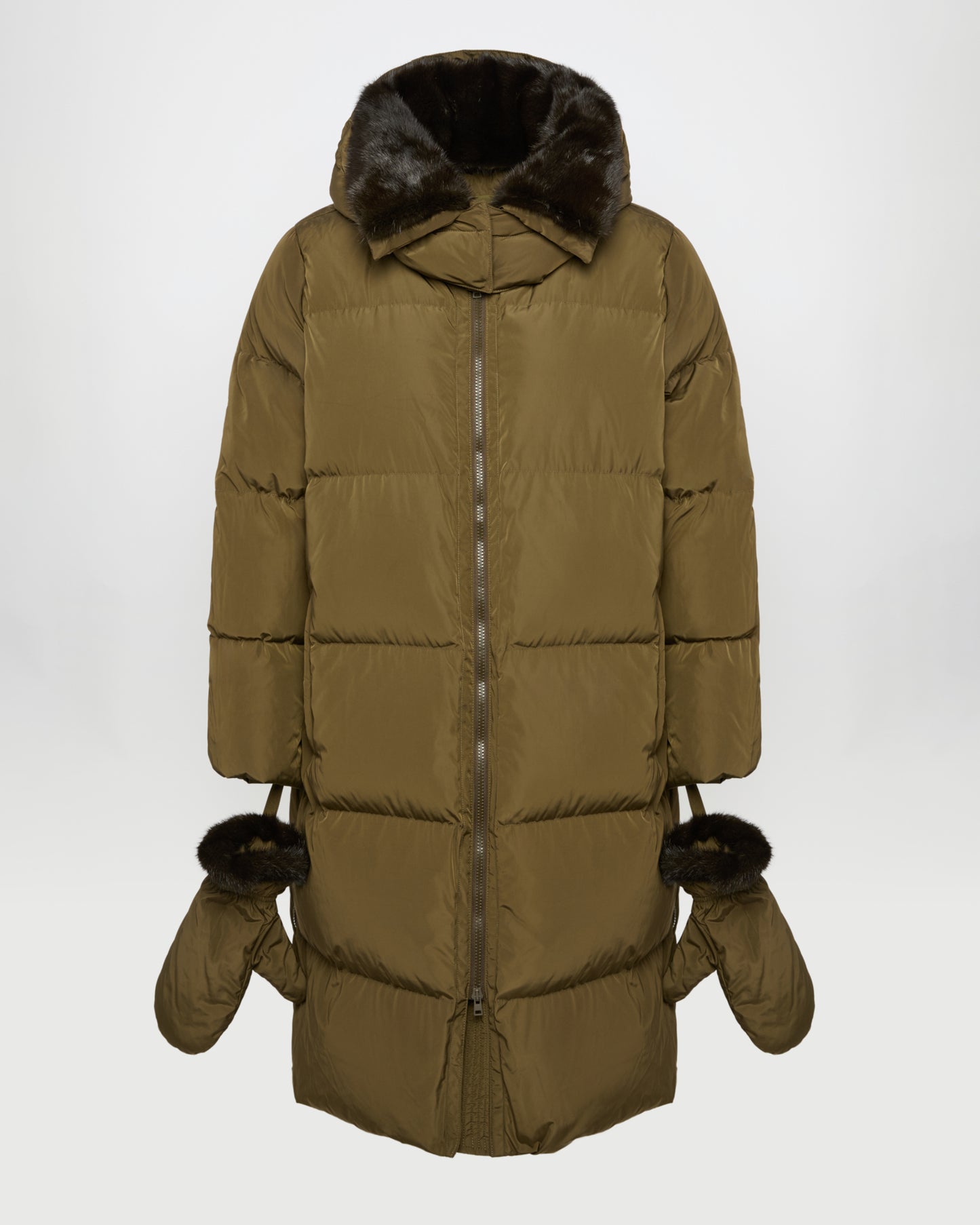 Long belted down jacket in technical fabric