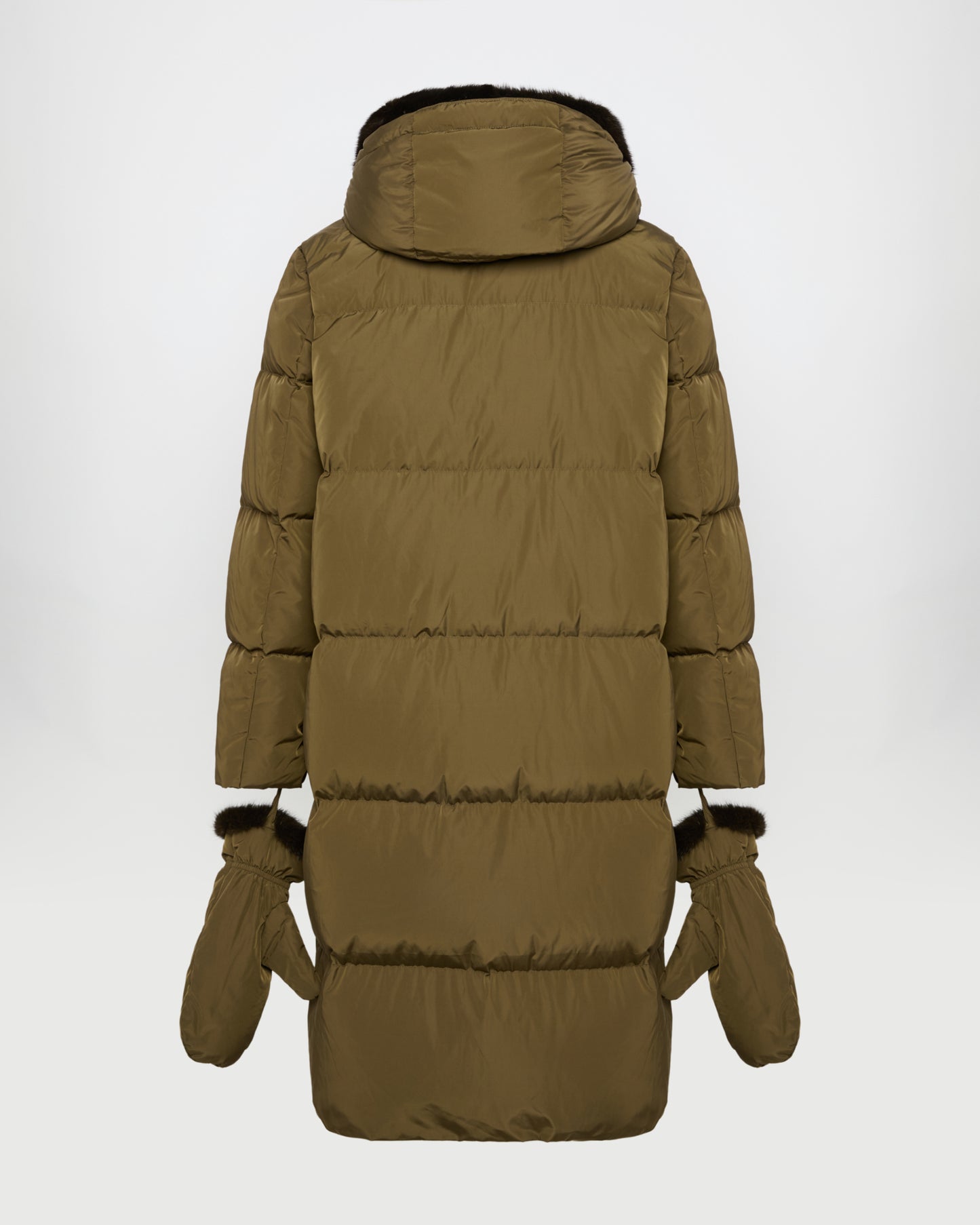 Long belted down jacket in technical fabric