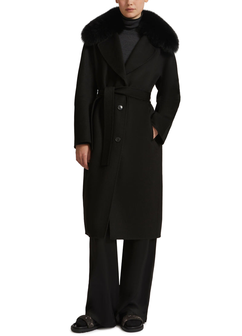 Manteau ceinturé en lainage cachemire avec col en renard