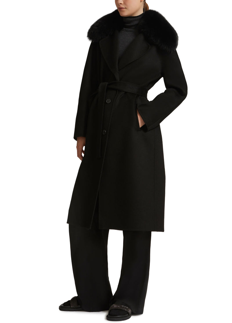 Manteau ceinturé en lainage cachemire avec col en renard