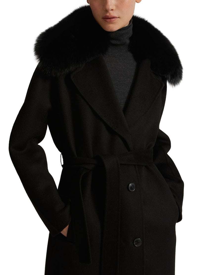 Manteau ceinturé en lainage cachemire avec col en renard
