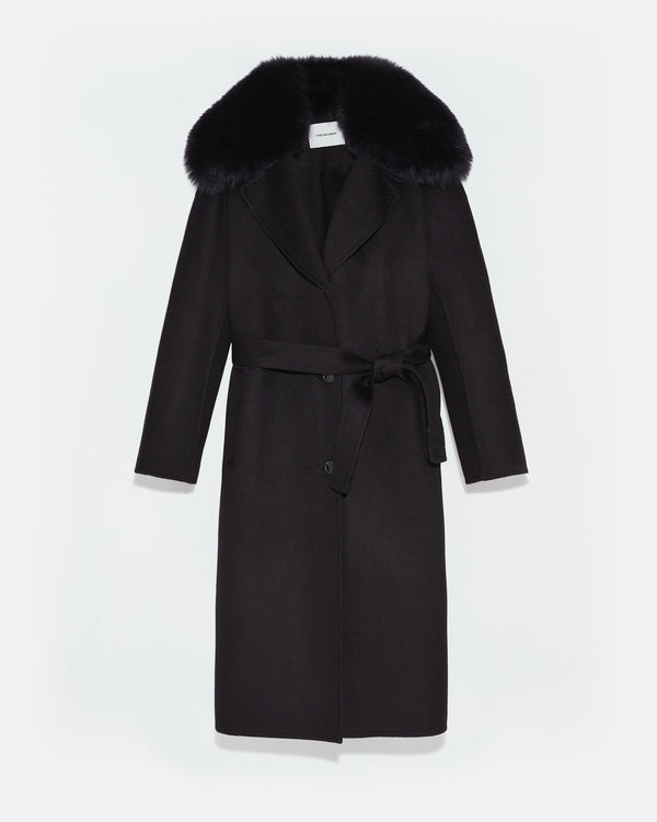 Belted coat in cashmere wool with fox fur collar