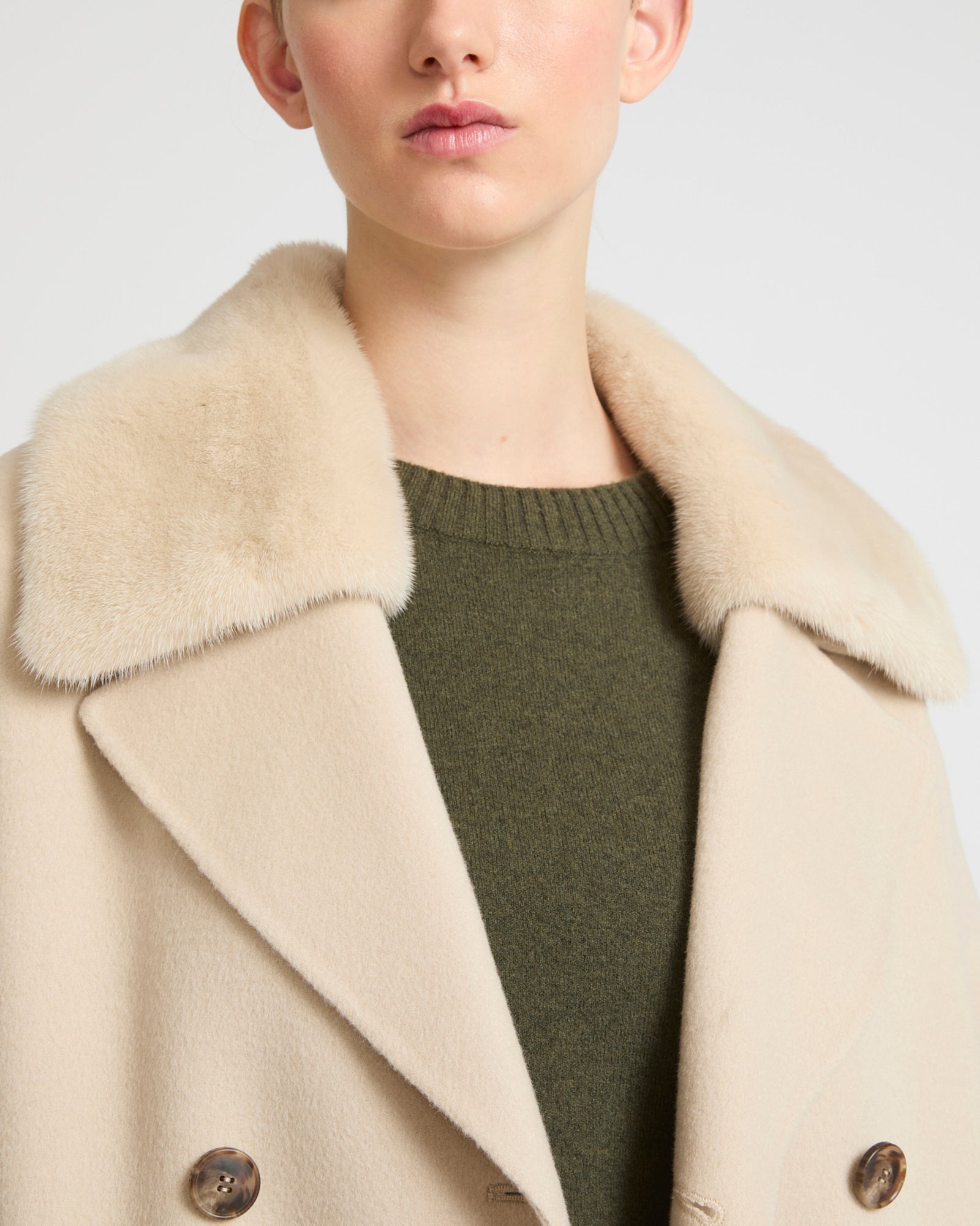 Cashmere wool coat with mink fur collar -Beige - Yves Salomon