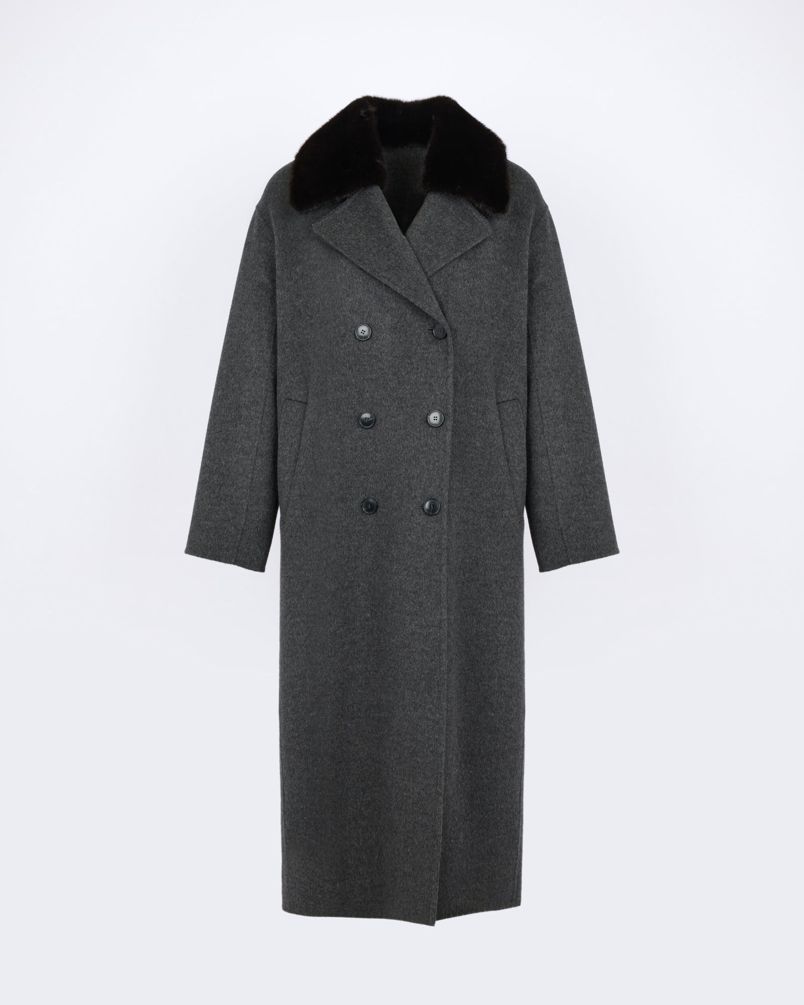 Manteau long en lainage cachemire avec col en fourrure de vison - Yves Salomon - Nouvelle collection Automne Hiver
