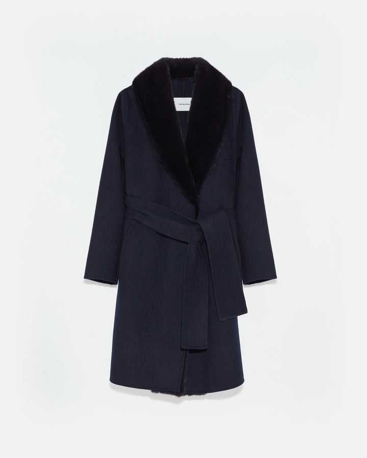 Black Friday - Yves Salomon - Manteau en lainage cachemire avec col et fourrure de vison - bleu foncé - vue face