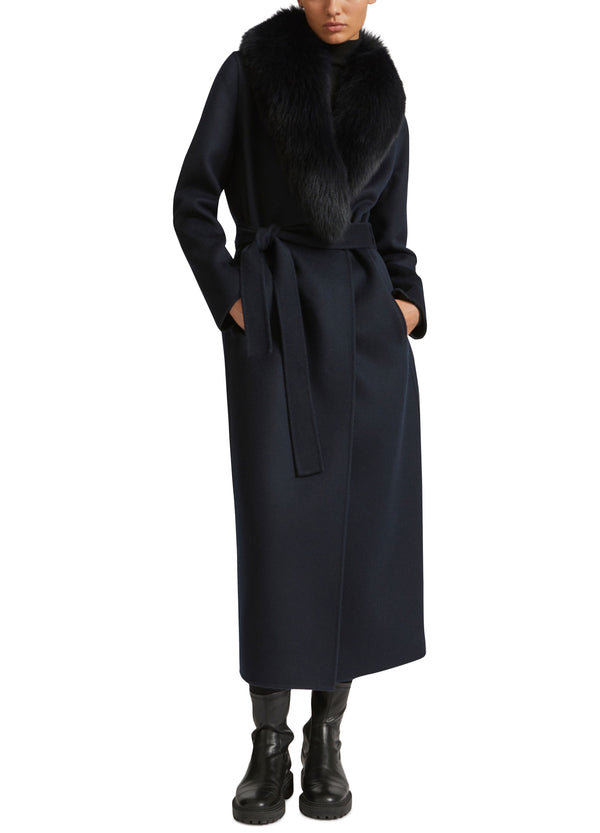 Manteau long ceinturé en lainage cachemire avec col renard