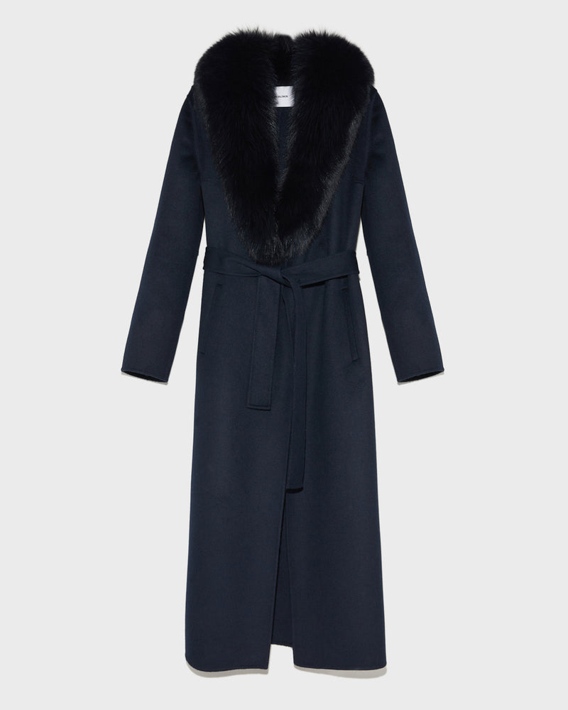 Belted coat in cashmere wool with fox fur collar