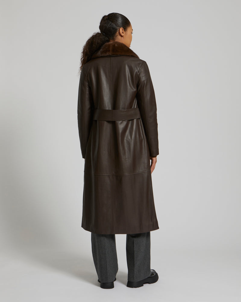 Lamb leather coat with a mink fur collar