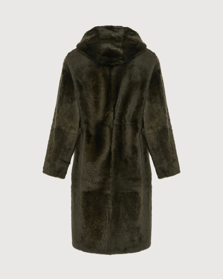 Manteau long réversible à capuche en peau lainée d'agneau -Yves Salomon