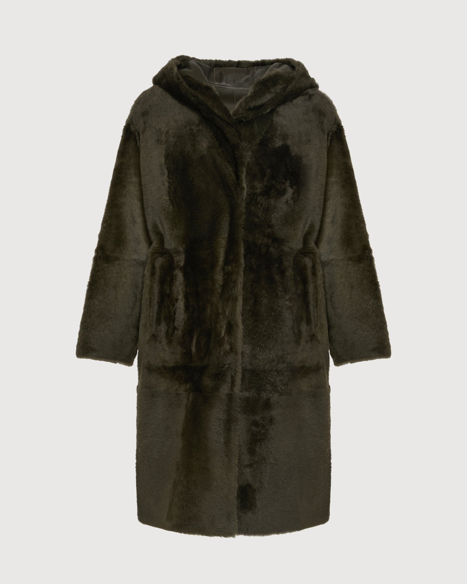 Manteau long réversible à capuche en peau lainée d'agneau -Yves Salomon