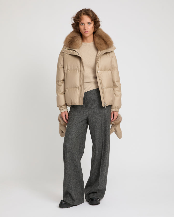 Short down jacket made with Loro Piana flannel and sable fur