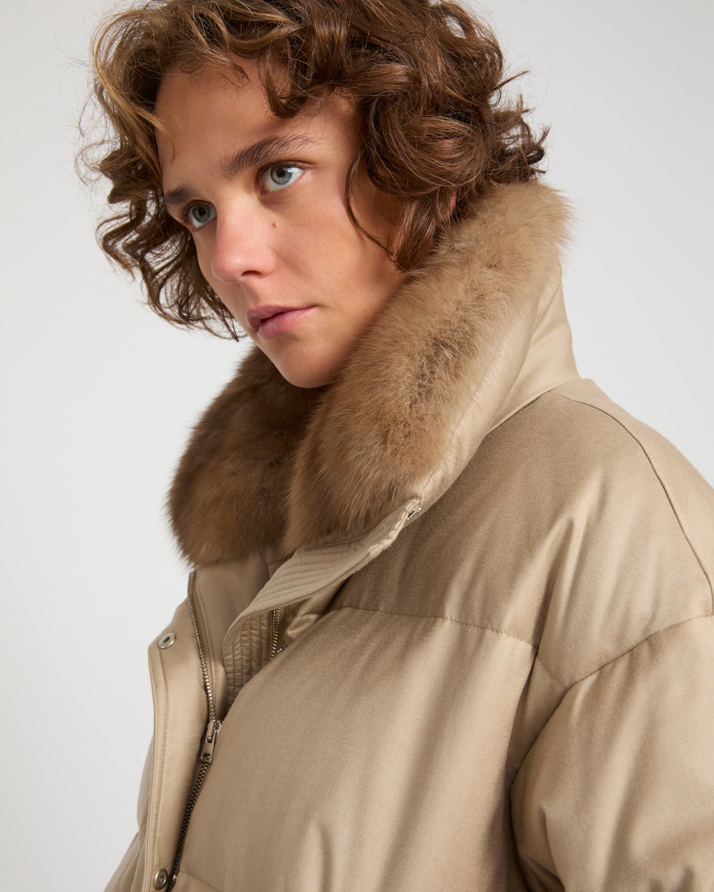 Short down jacket made with Loro Piana flannel and sable fur