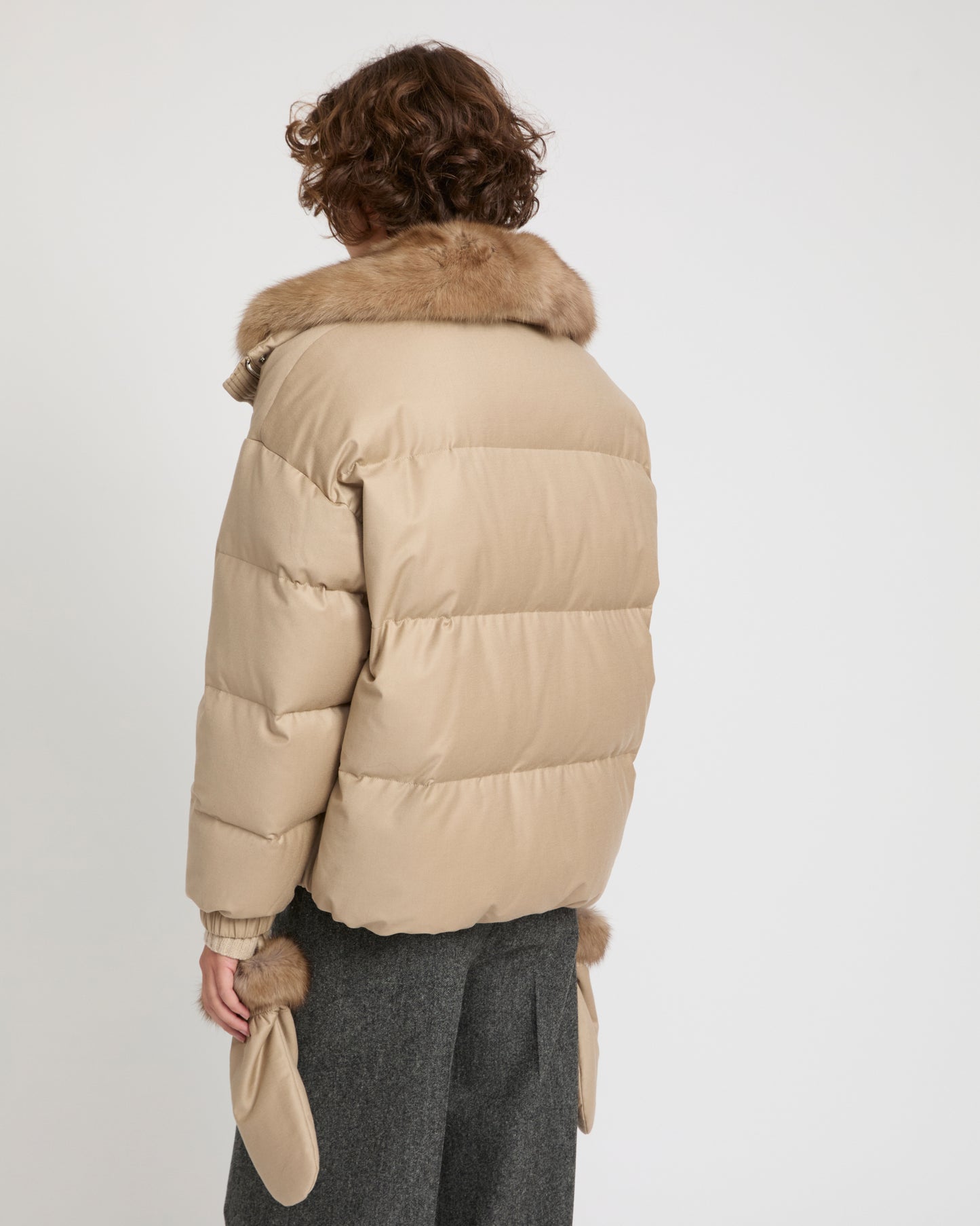 Short down jacket made with Loro Piana flannel and sable fur