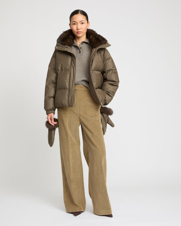 Short down jacket made with Loro Piana flannel and sable fur