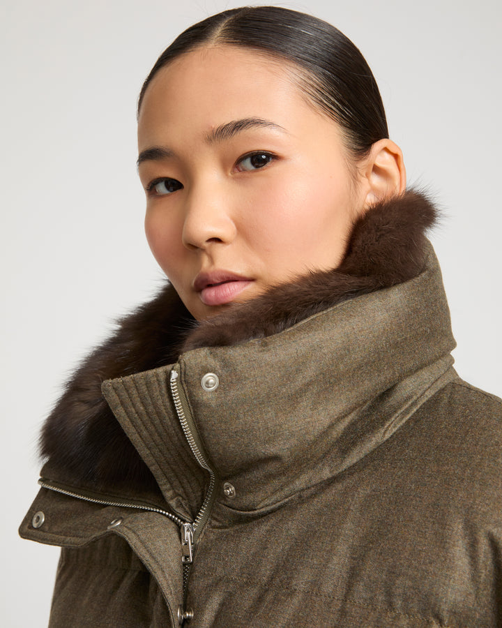 Short down jacket made with Loro Piana flannel and sable fur