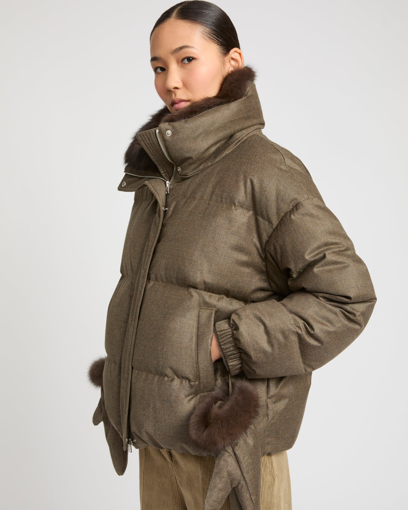 Short down jacket made with Loro Piana flannel and sable fur